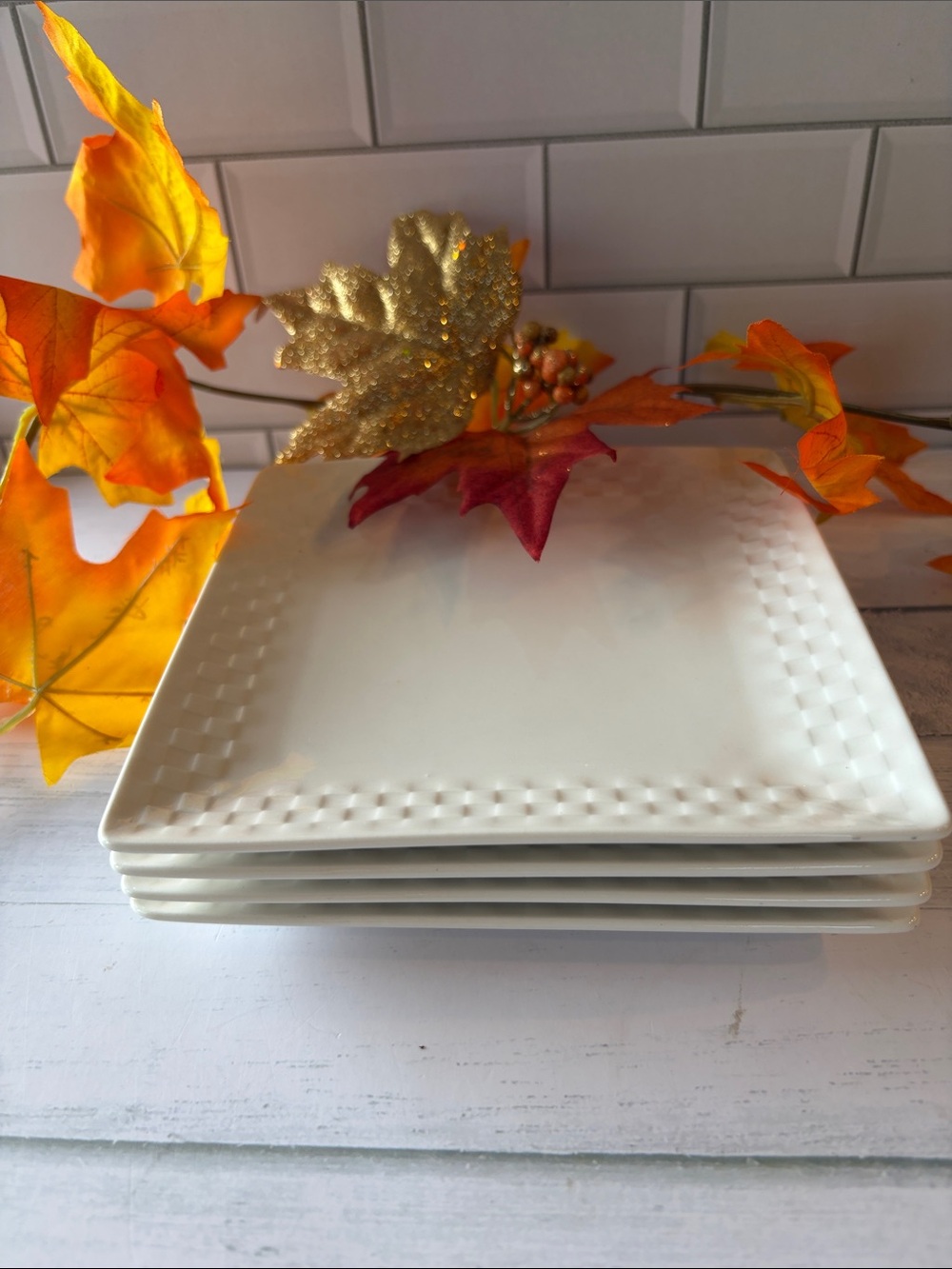Classic White Square Ceramic Dessert Plates with Textured Border - Set of 4